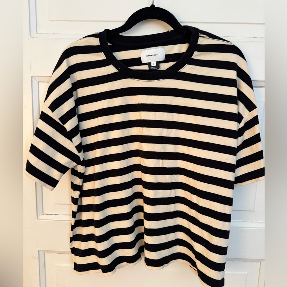 Current/Elliott Black and Cream Striped Short Sleeve Tee